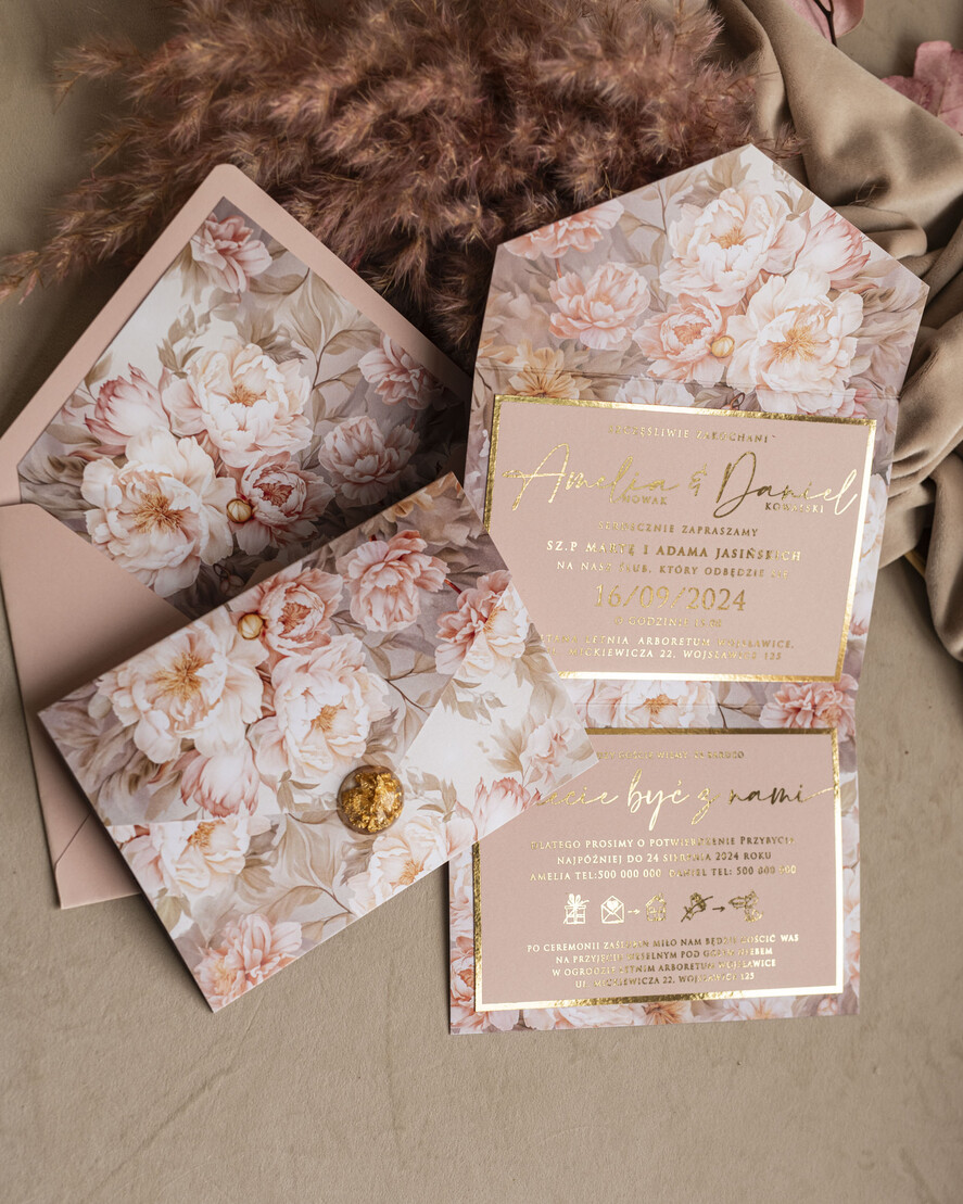 Zaproszenia ślubne Złote Glamour Poziome złote zaproszenia ślubne z medalionem, Kopertowe różowe zaproszenie na ślub złocone, zaproszenia na slub cywilny pudrowy róż9