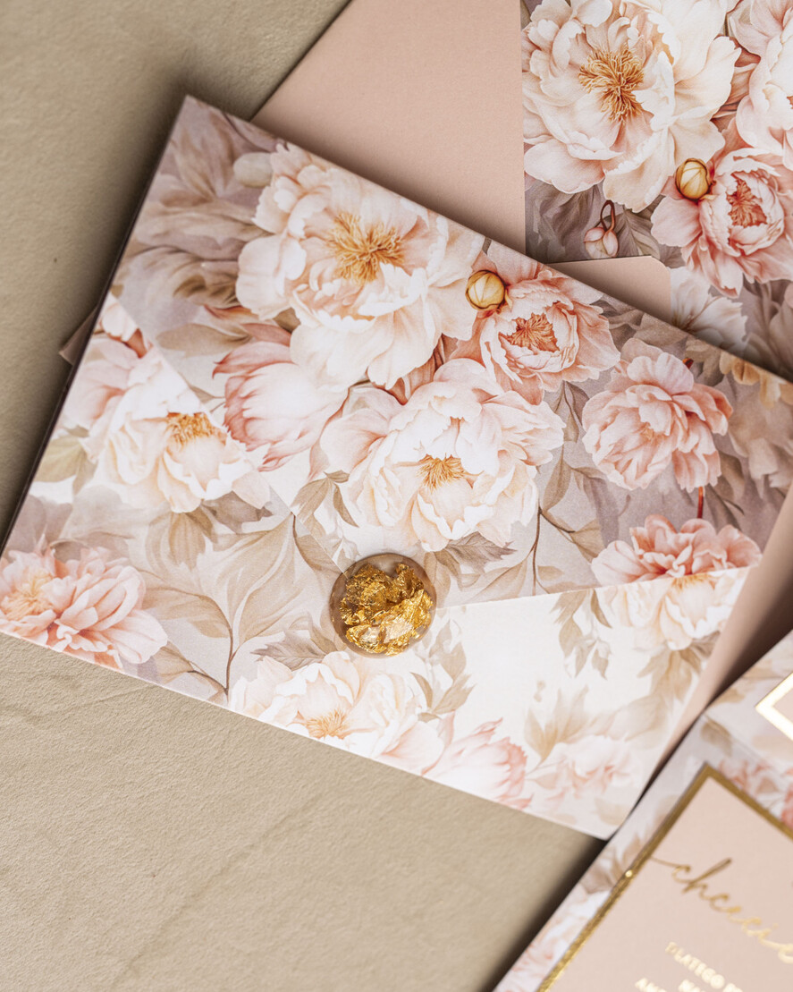 Zaproszenia ślubne Złote Glamour Poziome złote zaproszenia ślubne z medalionem, Kopertowe różowe zaproszenie na ślub złocone, zaproszenia na slub cywilny pudrowy róż12