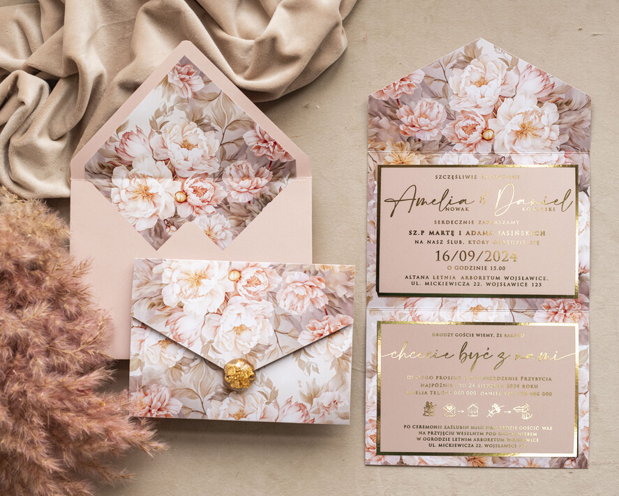 Zaproszenia ślubne Złote Glamour Poziome złote zaproszenia ślubne z medalionem, Kopertowe różowe zaproszenie na ślub złocone, zaproszenia na slub cywilny pudrowy róż0