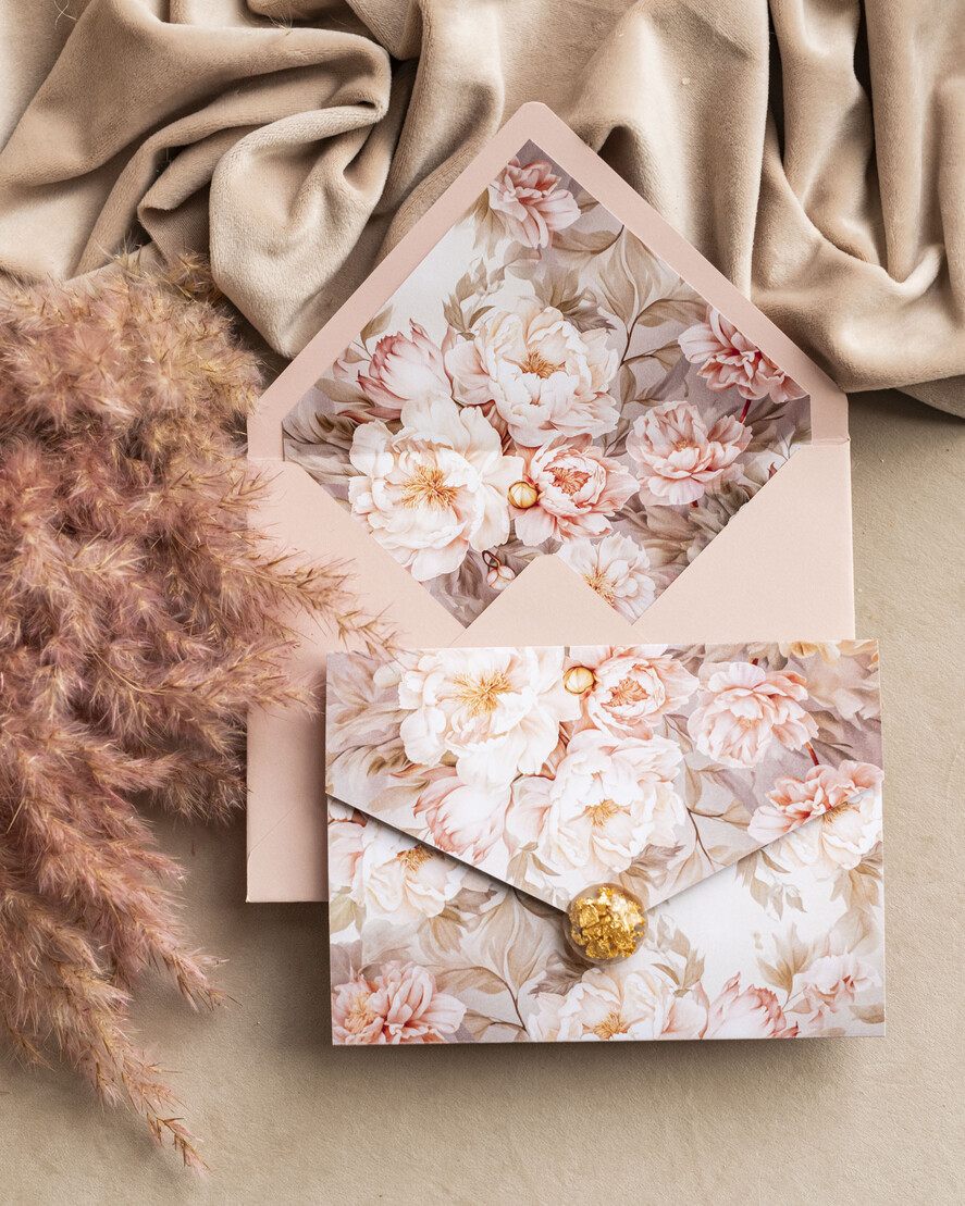 Zaproszenia ślubne Złote Glamour Poziome złote zaproszenia ślubne z medalionem, Kopertowe różowe zaproszenie na ślub złocone, zaproszenia na slub cywilny pudrowy róż5