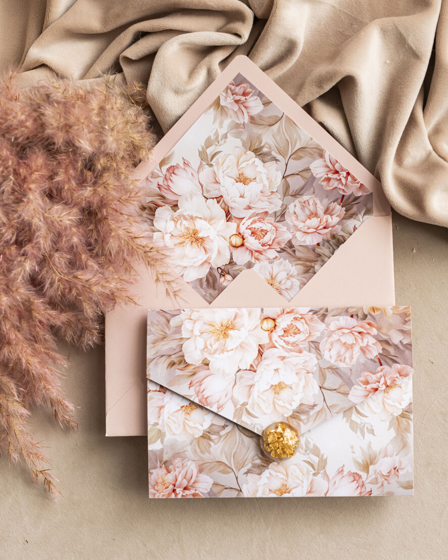 Zaproszenia ślubne Złote Glamour Poziome złote zaproszenia ślubne z medalionem, Kopertowe różowe zaproszenie na ślub złocone, zaproszenia na slub cywilny pudrowy róż1