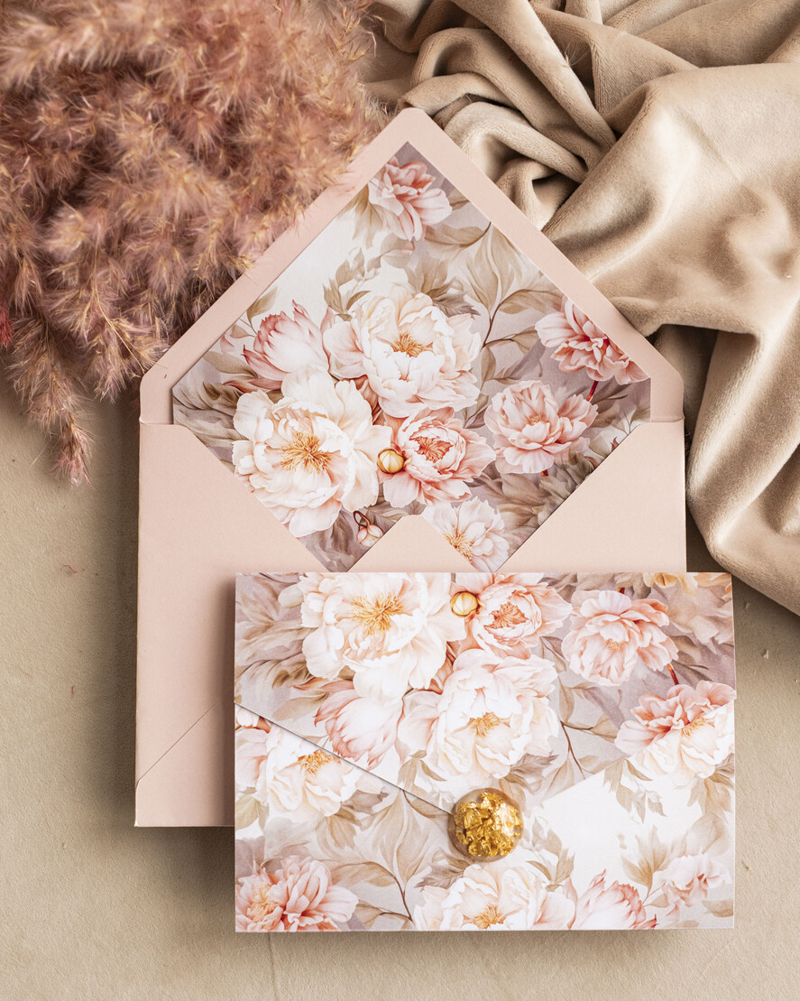 Zaproszenia ślubne Złote Glamour Poziome złote zaproszenia ślubne z medalionem, Kopertowe różowe zaproszenie na ślub złocone, zaproszenia na slub cywilny pudrowy róż6