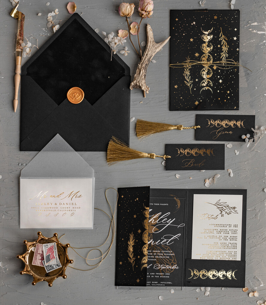 Zaproszenia ślubne Złote Glamour czarne zaproszenia na ślub, fazy księżyca zaproszenia ślubne, wyjątkowe zaproszenia slubne z fazami księżyca, czarne i złote zaproszenia ślubne  10