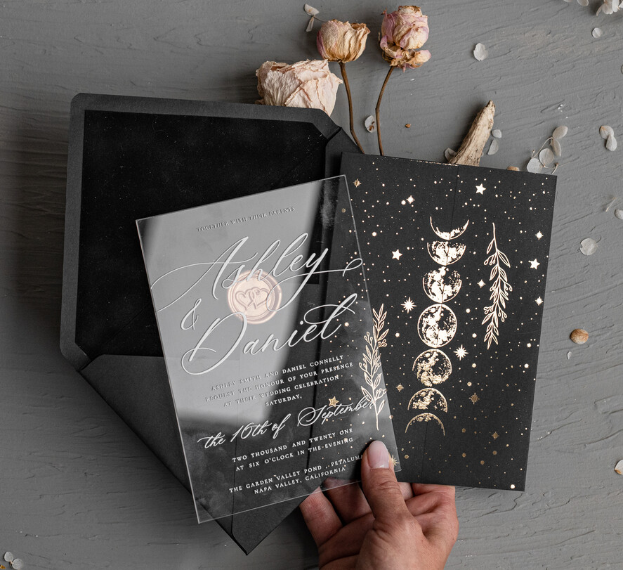 Zaproszenia ślubne Złote Glamour czarne zaproszenia na ślub, fazy księżyca zaproszenia ślubne, wyjątkowe zaproszenia slubne z fazami księżyca, czarne i złote zaproszenia ślubne  3