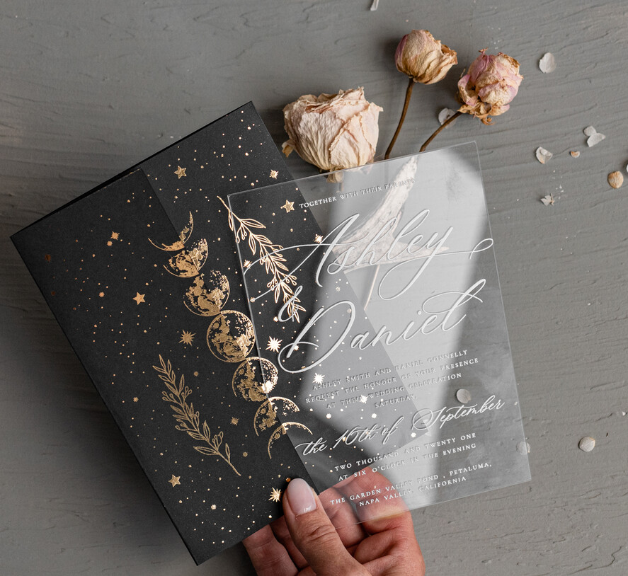 Zaproszenia ślubne Złote Glamour czarne zaproszenia na ślub, fazy księżyca zaproszenia ślubne, wyjątkowe zaproszenia slubne z fazami księżyca, czarne i złote zaproszenia ślubne  5