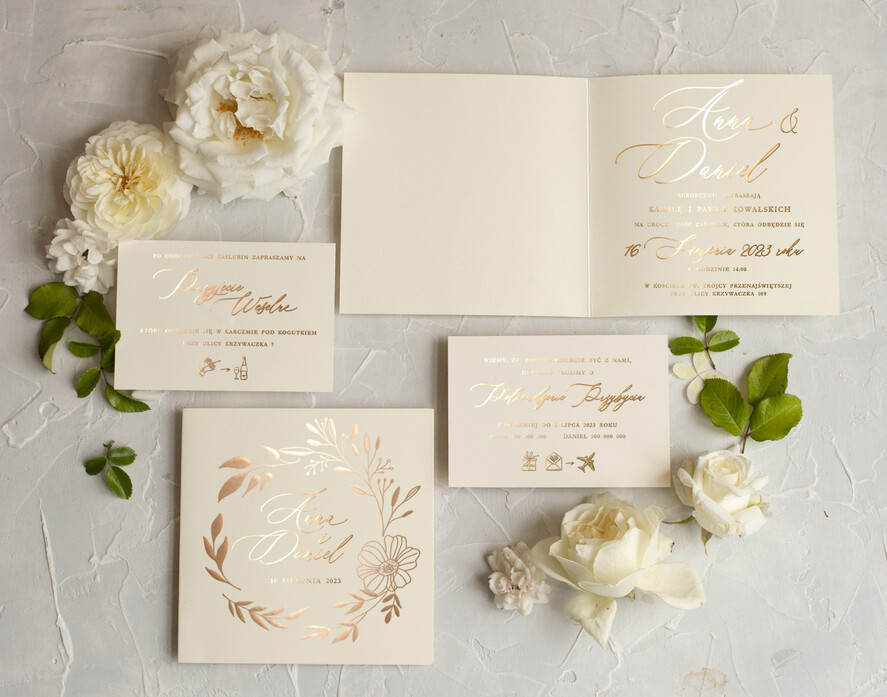 Zaproszenia ślubne Złote Glamour Złote zaproszenia ślubne ręcznie robione minimalistyczne , Zaproszenia na ślub  glamour składane  listki Proste zaproszenia ślubne 8
