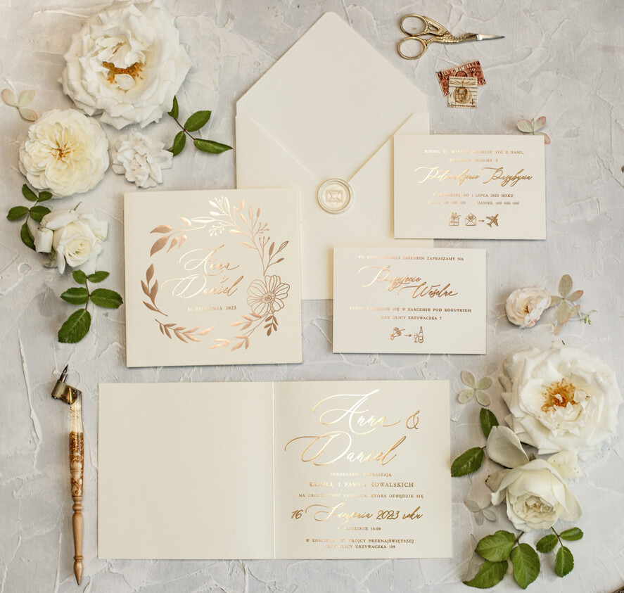 Zaproszenia ślubne Złote Glamour Złote zaproszenia ślubne ręcznie robione minimalistyczne , Zaproszenia na ślub  glamour składane  listki Proste zaproszenia ślubne 0