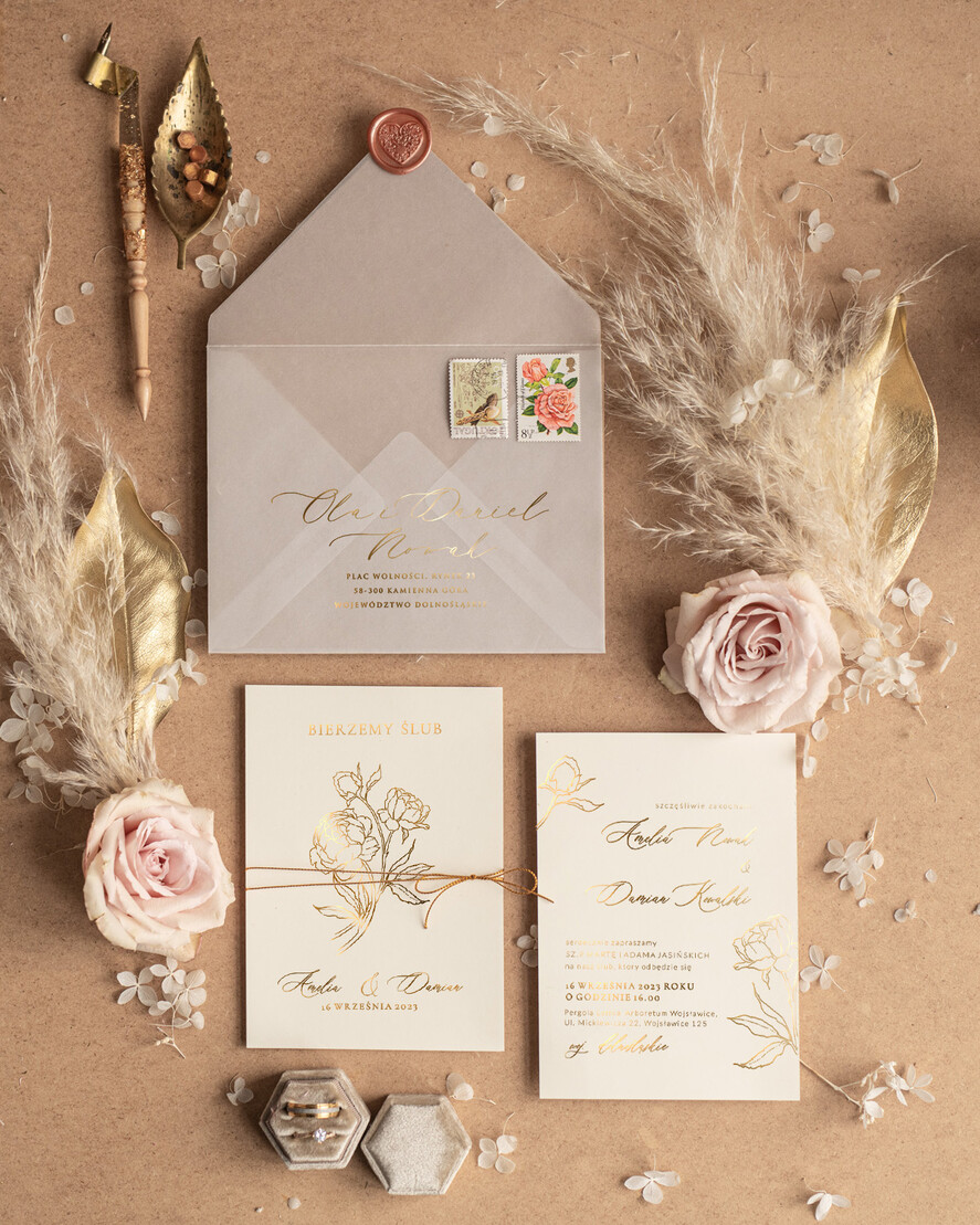 Zaproszenia ślubne Złote Glamour orginalne zaproszenia ślubne, szykowne i złote zaproszenia ślubne ze sznurkiem 2
