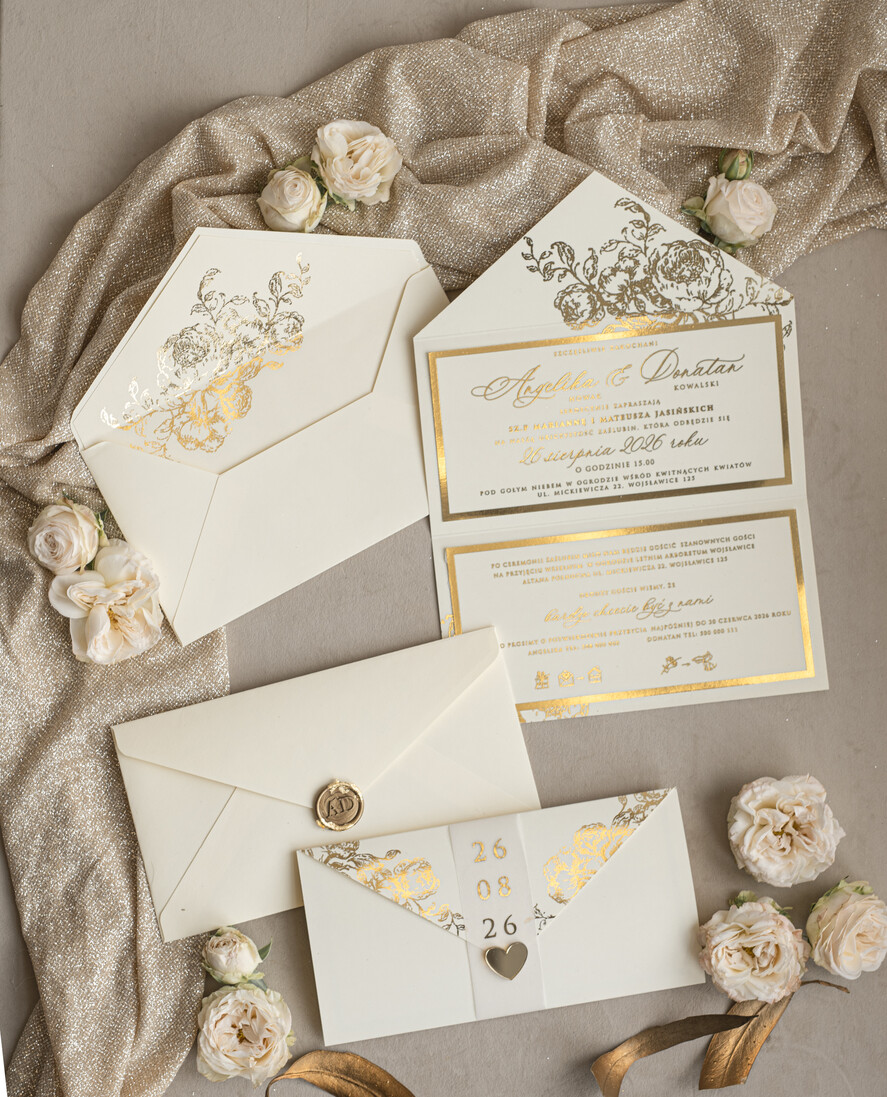 Zaproszenia ślubne Złote Glamour złote zaproszenia ślubne zamykane w kopertę, Kopertowe zaproszenie na ślub w złocie, zaproszenia na ślub w stylu glamour, złote napisy na zaproszeniach ślubnych9