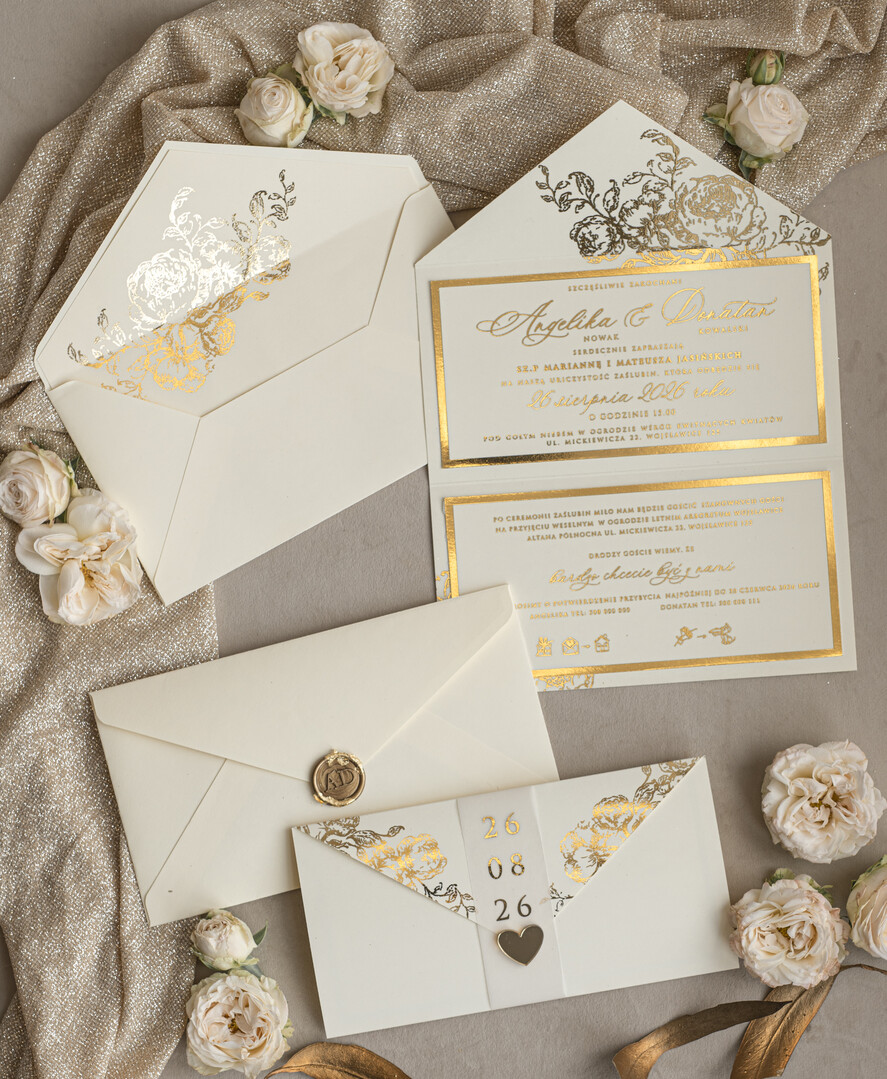 Zaproszenia ślubne Złote Glamour złote zaproszenia ślubne zamykane w kopertę, Kopertowe zaproszenie na ślub w złocie, zaproszenia na ślub w stylu glamour, złote napisy na zaproszeniach ślubnych10