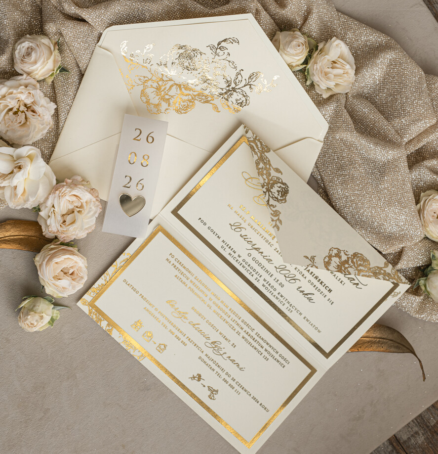 Zaproszenia ślubne Złote Glamour złote zaproszenia ślubne zamykane w kopertę, Kopertowe zaproszenie na ślub w złocie, zaproszenia na ślub w stylu glamour, złote napisy na zaproszeniach ślubnych1