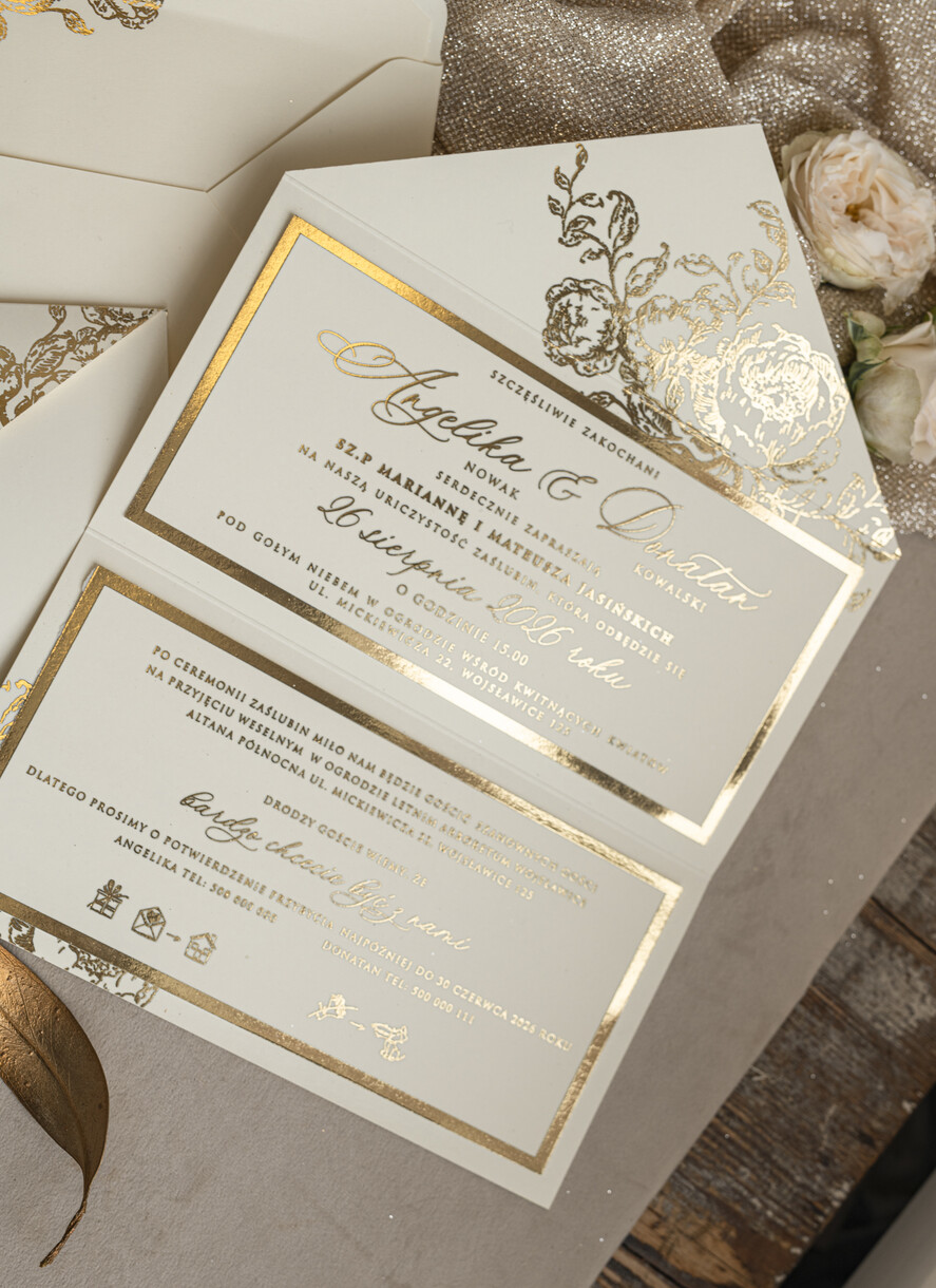 Zaproszenia ślubne Złote Glamour złote zaproszenia ślubne zamykane w kopertę, Kopertowe zaproszenie na ślub w złocie, zaproszenia na ślub w stylu glamour, złote napisy na zaproszeniach ślubnych3