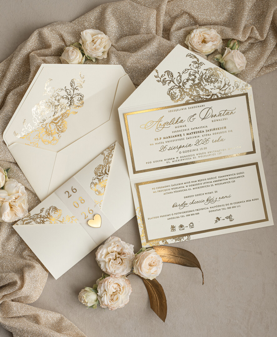 Zaproszenia ślubne Złote Glamour złote zaproszenia ślubne zamykane w kopertę, Kopertowe zaproszenie na ślub w złocie, zaproszenia na ślub w stylu glamour, złote napisy na zaproszeniach ślubnych5