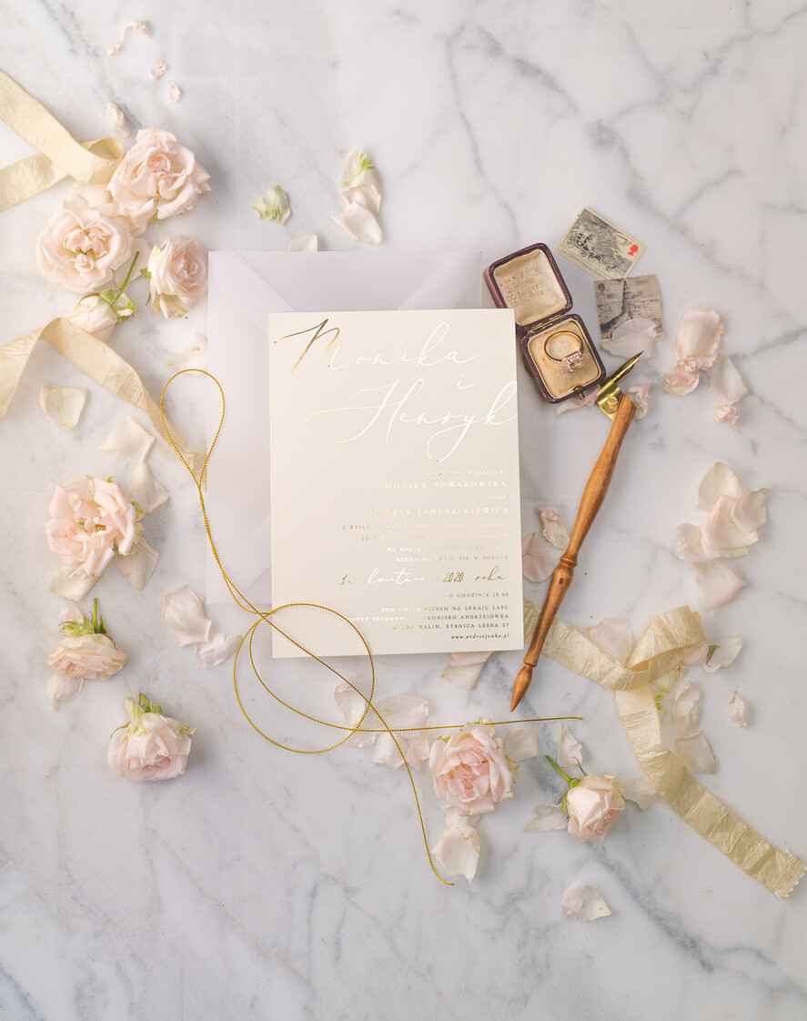 Zaproszenia ślubne Złote Glamour Ekskluzywne  Minimalistyczne zaproszenia ślubne, Proste zaproszenie ślubne Nowoczesne zaproszenie na ślub Kalkowa Koperta10