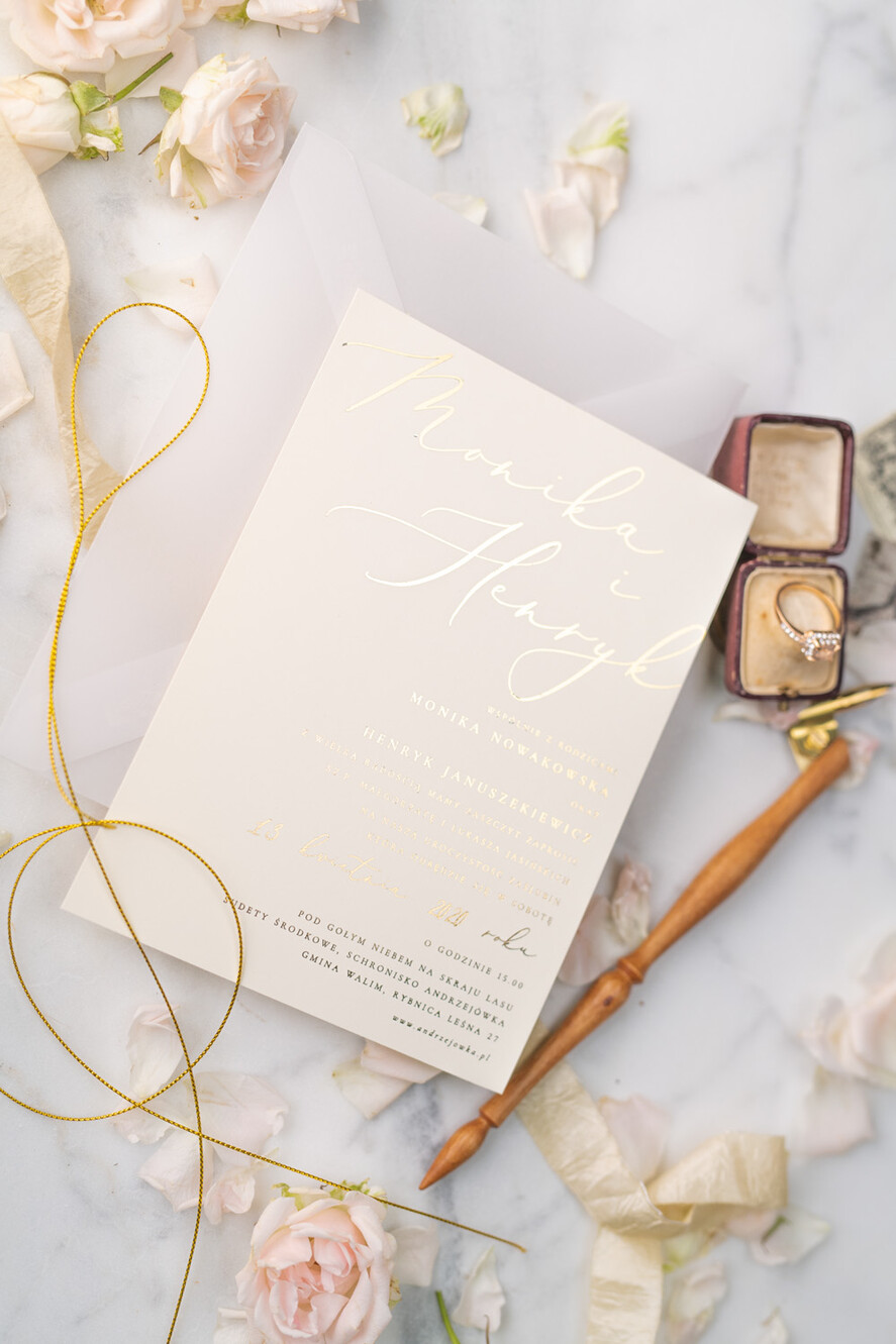 Zaproszenia ślubne Złote Glamour Ekskluzywne  Minimalistyczne zaproszenia ślubne, Proste zaproszenie ślubne Nowoczesne zaproszenie na ślub Kalkowa Koperta11