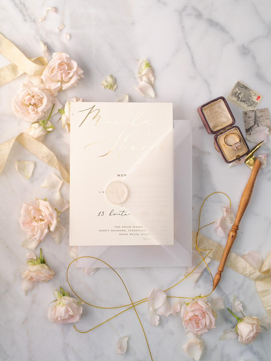 Zaproszenia ślubne Złote Glamour Ekskluzywne  Minimalistyczne zaproszenia ślubne, Proste zaproszenie ślubne Nowoczesne zaproszenie na ślub Kalkowa Koperta12