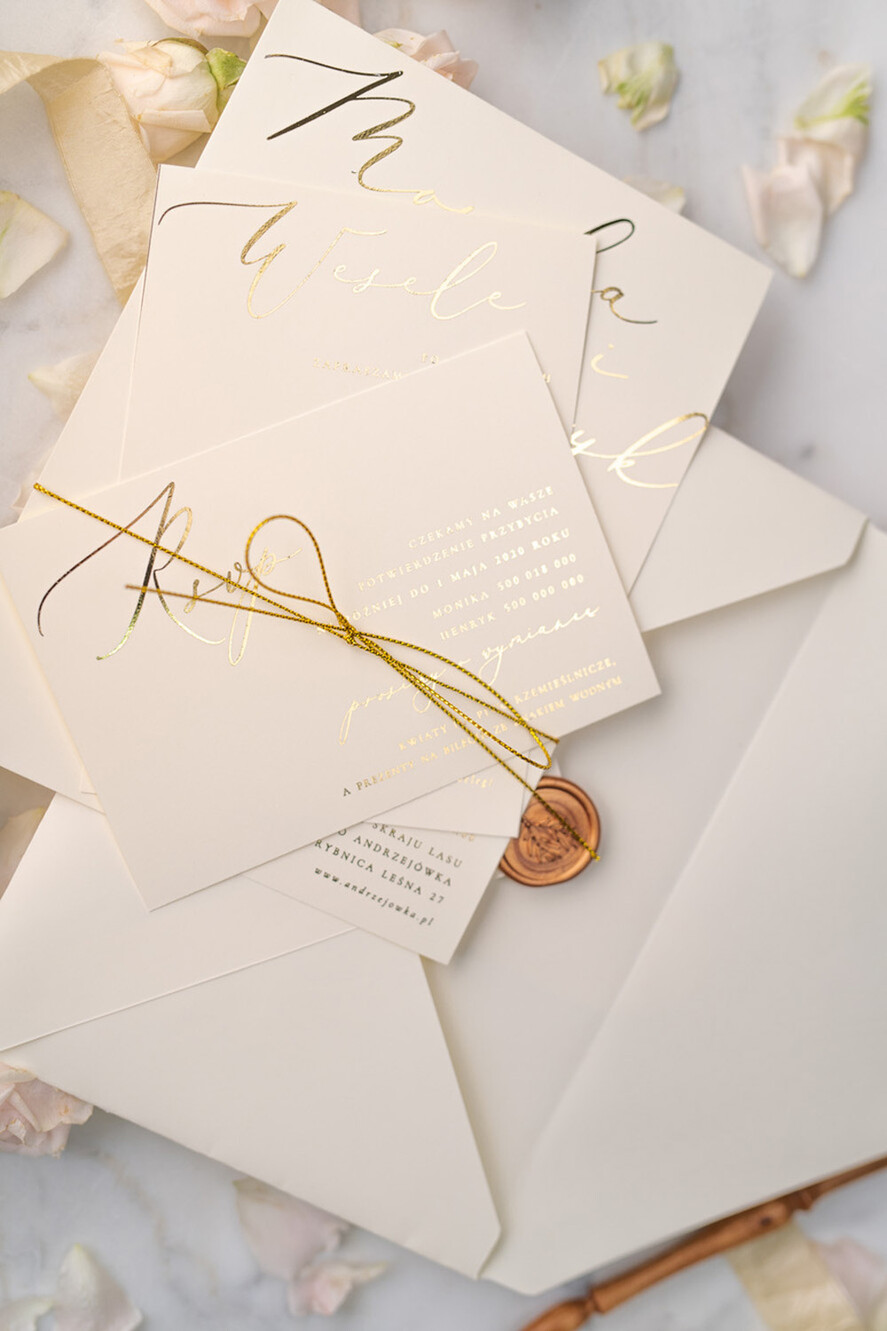 Zaproszenia ślubne Złote Glamour Ekskluzywne  Minimalistyczne zaproszenia ślubne, Proste zaproszenie ślubne Nowoczesne zaproszenie na ślub Kalkowa Koperta19