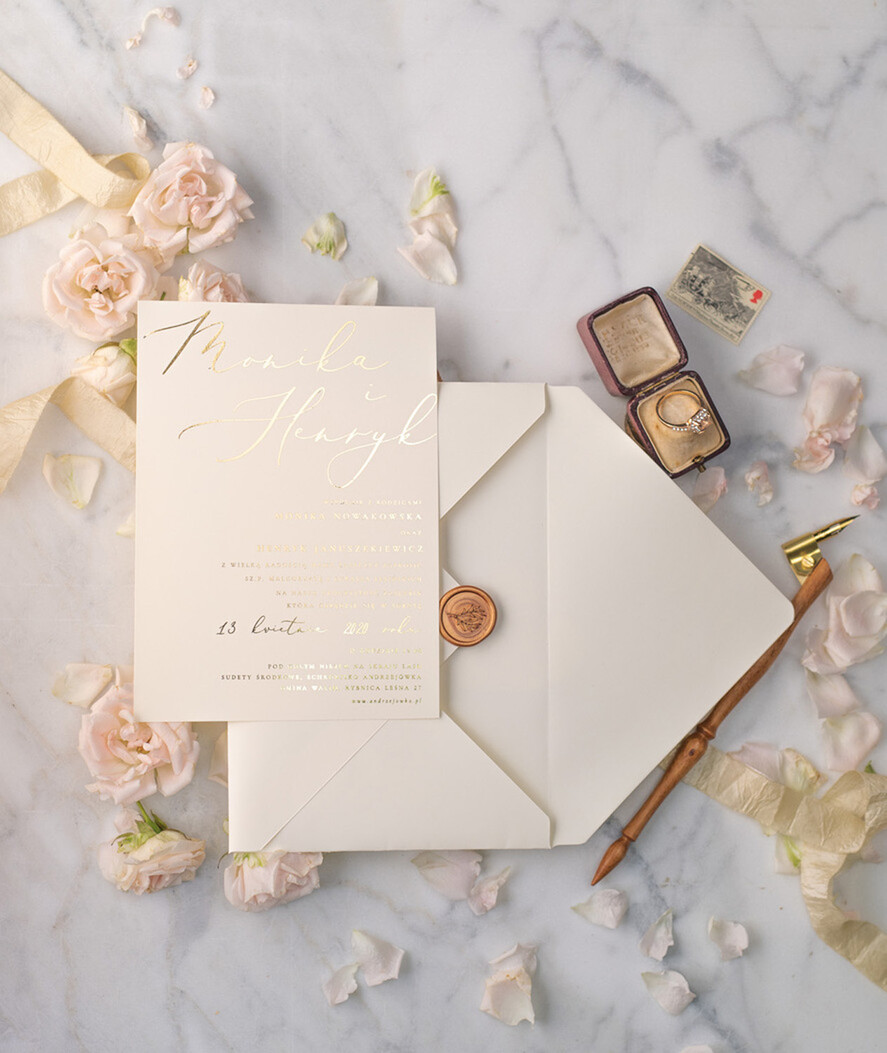 Zaproszenia ślubne Złote Glamour Ekskluzywne  Minimalistyczne zaproszenia ślubne, Proste zaproszenie ślubne Nowoczesne zaproszenie na ślub Kalkowa Koperta5