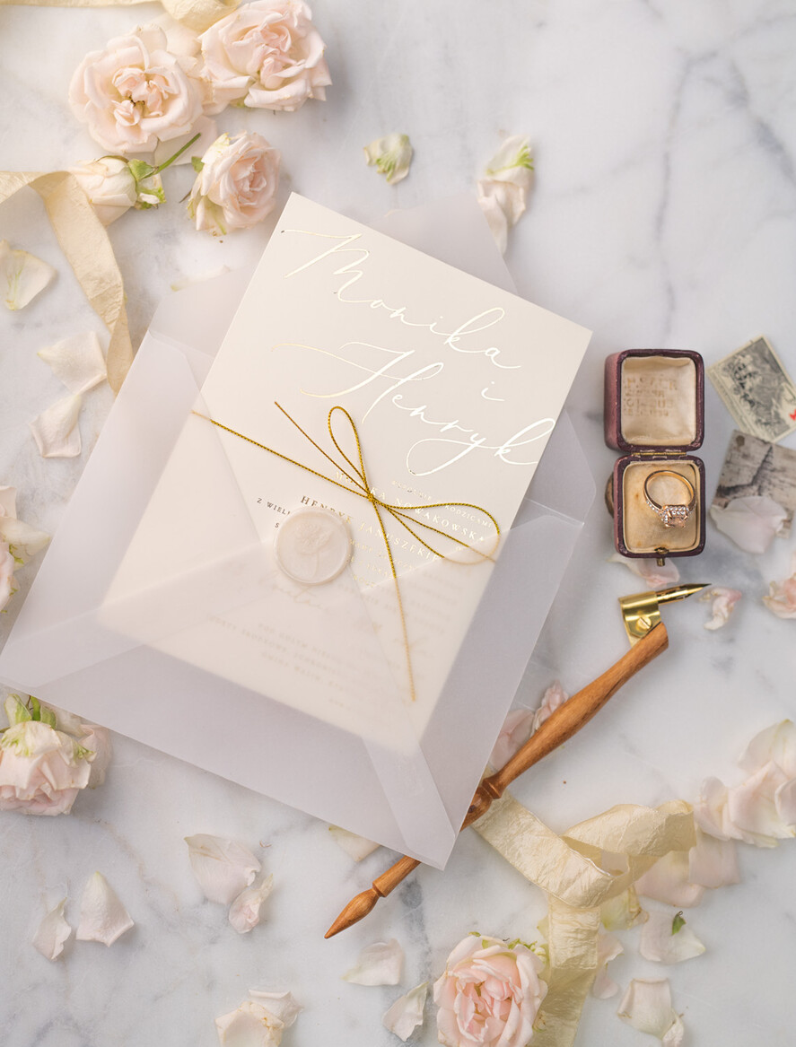 Zaproszenia ślubne Złote Glamour Ekskluzywne  Minimalistyczne zaproszenia ślubne, Proste zaproszenie ślubne Nowoczesne zaproszenie na ślub Kalkowa Koperta6