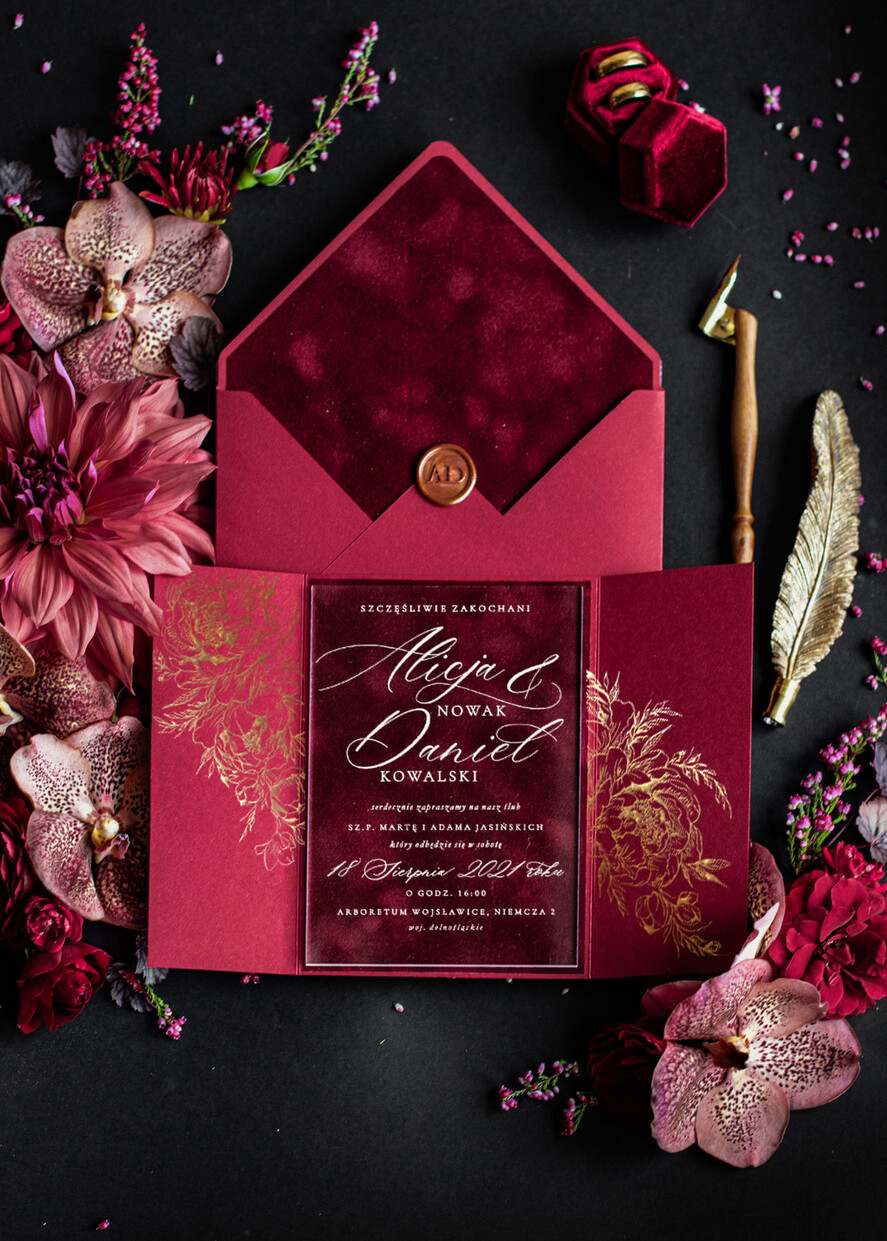 Zaproszenia ślubne Złote Glamour zaproszenia ślubne ręcznie robione w stylu glamour zaproszenia na pleksie 1