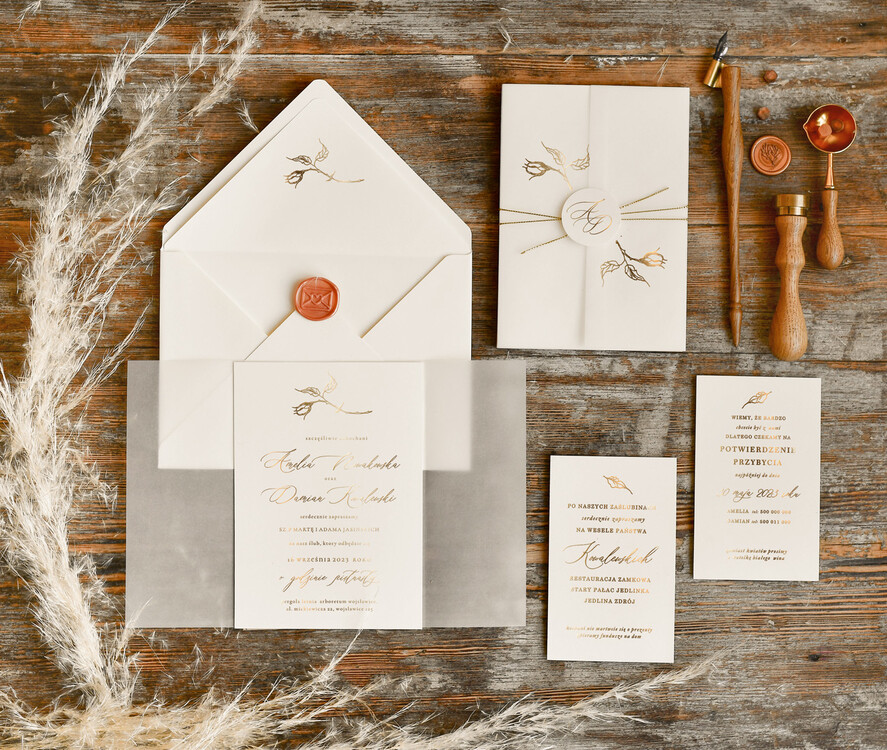 Zaproszenia ślubne Złote Glamour modne zaproszenia ślubne, laminowane litery składane zaproszenia na ślub 1