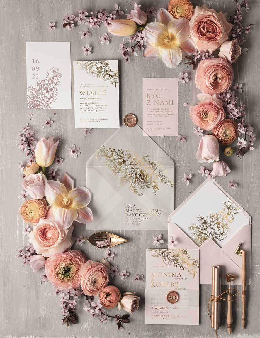 Zaproszenia ślubne Złote Glamour Proste zaproszenia na ślub ręcznie robione, luksusowe złote  zaproszenie slubne, różowe glamour zaproszenia ślubne z lakiem 2