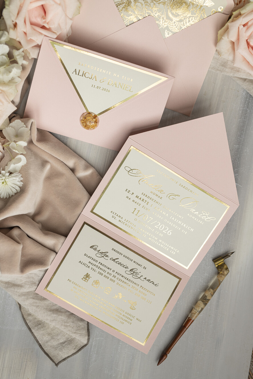 Zaproszenia ślubne Złote Glamour wyjątkowe zaproszenia ślubne Eleganckie Złote Zaproszenia Ślubne, Delikatne Zaproszenie Na Ślub, Zaproszenie Ślubne W Stylu Glamour, Złote Litery Na Zaproszeniach Ślubnych 11