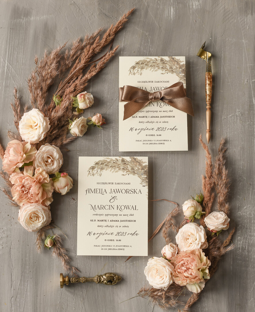 Zaproszenia ślubne Boho  Proste Boho Zaproszenia Ślubne Trawa Pampasowa  Minimalistyczne Zaproszenia na Ślub Delikatne Zaproszenie Ślubne welurowa koperta zaproszenie ze wstążką 2