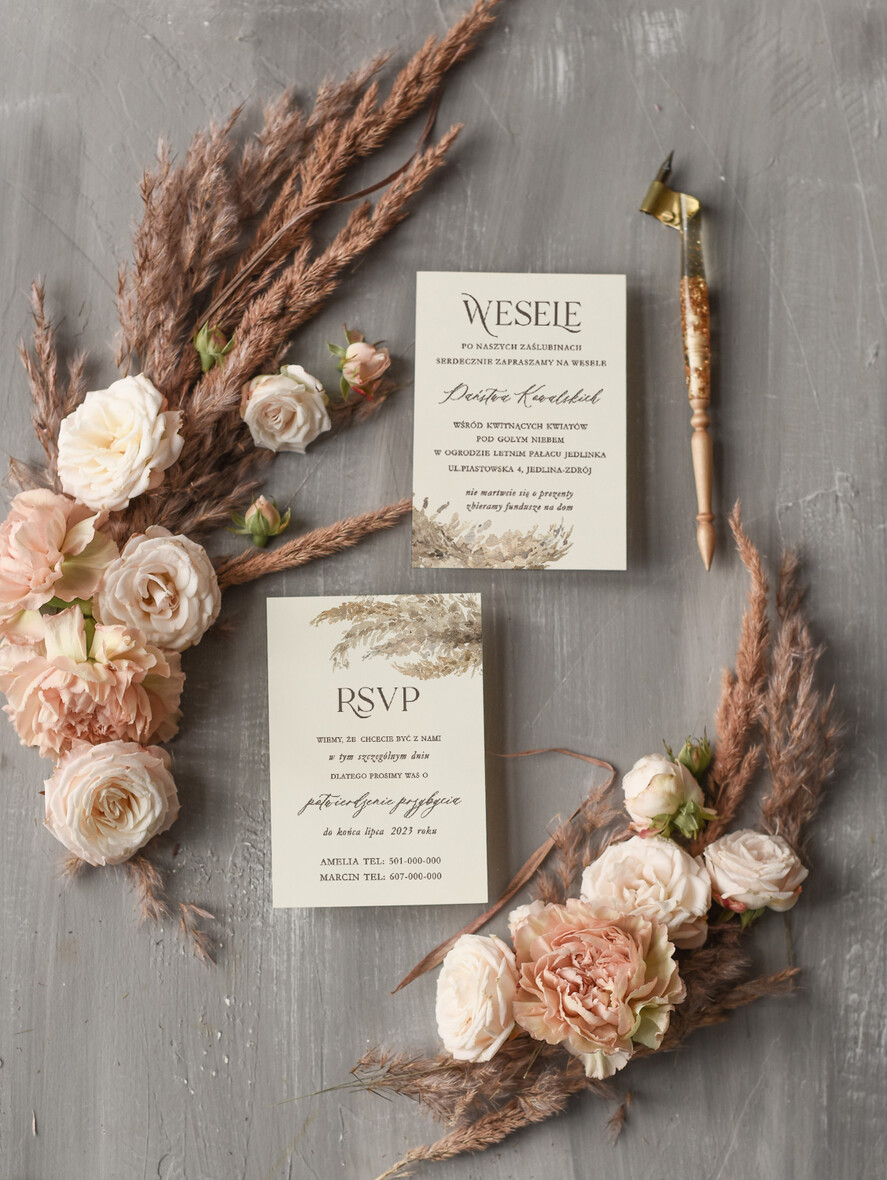 Zaproszenia ślubne Boho  Proste Boho Zaproszenia Ślubne Trawa Pampasowa  Minimalistyczne Zaproszenia na Ślub Delikatne Zaproszenie Ślubne welurowa koperta zaproszenie ze wstążką 3