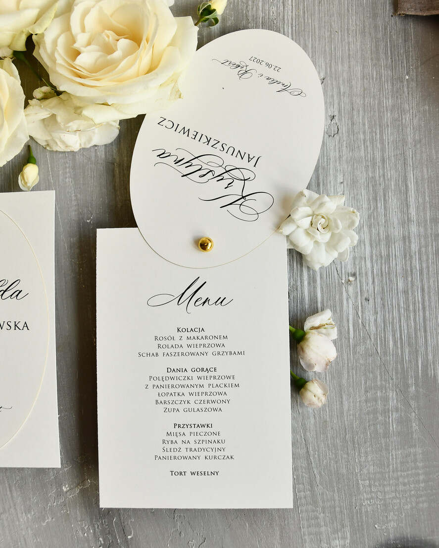 Winietki glamour winietka i menu weselne, usadzenie gości na weselu karta dań 3