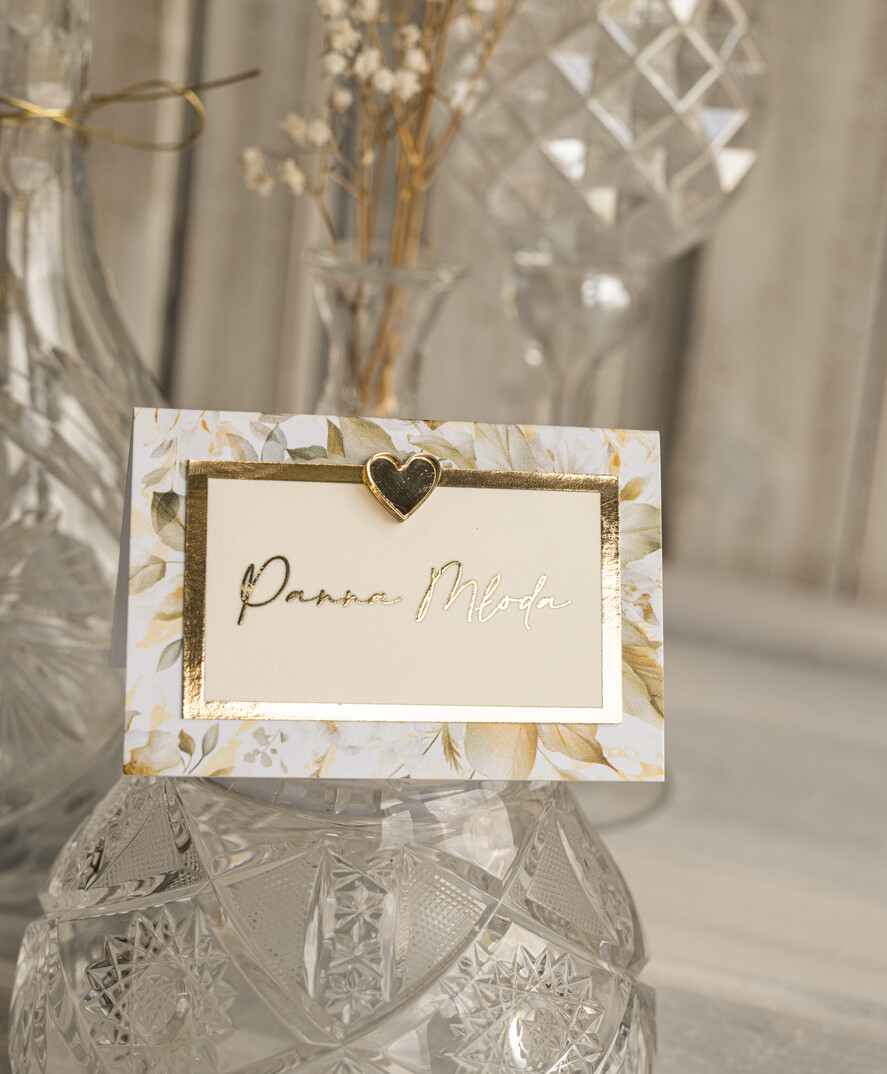 Winietki glamour ślubne winietki z kwiatami, złote lub srebrne napisy, winietki na stół weselny ze złotym sercem, różowo złote winietki na ślub, dekoracje stołów weselnych 4