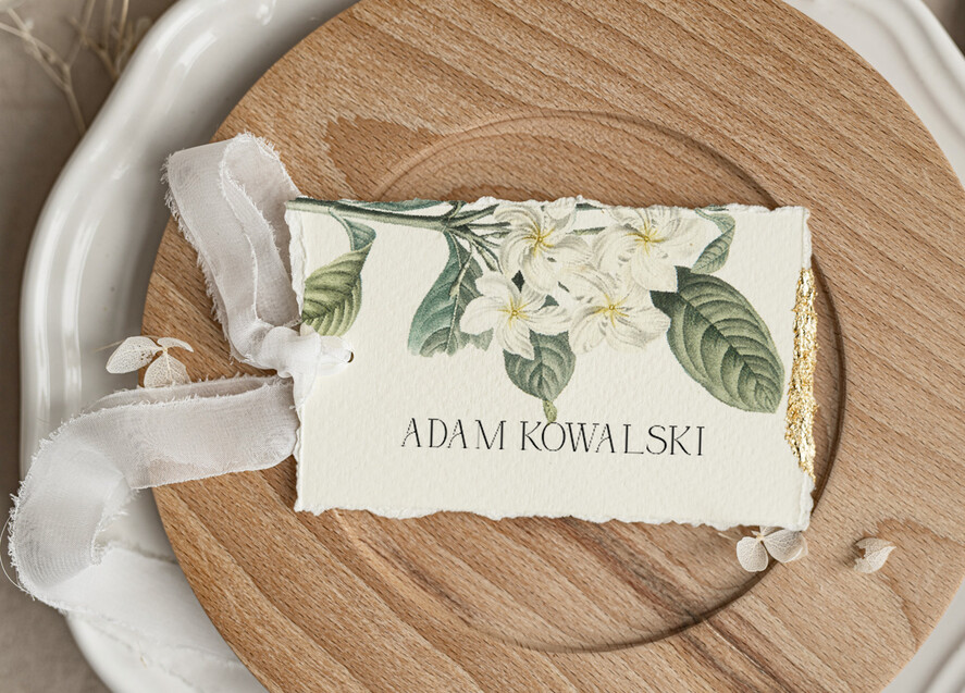 Winietki glamour złote eleganckie winietki na stół weselny wizytówki ślubne, winietki z płatkami złota, darte winietki ze złotem na stoły weselne1