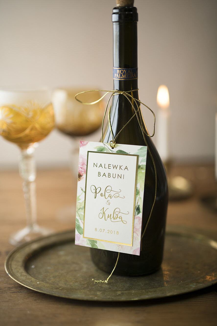 Zawieszki na butelki glamour zawieszki na alkohole weselne, złote z dowolną treścią1