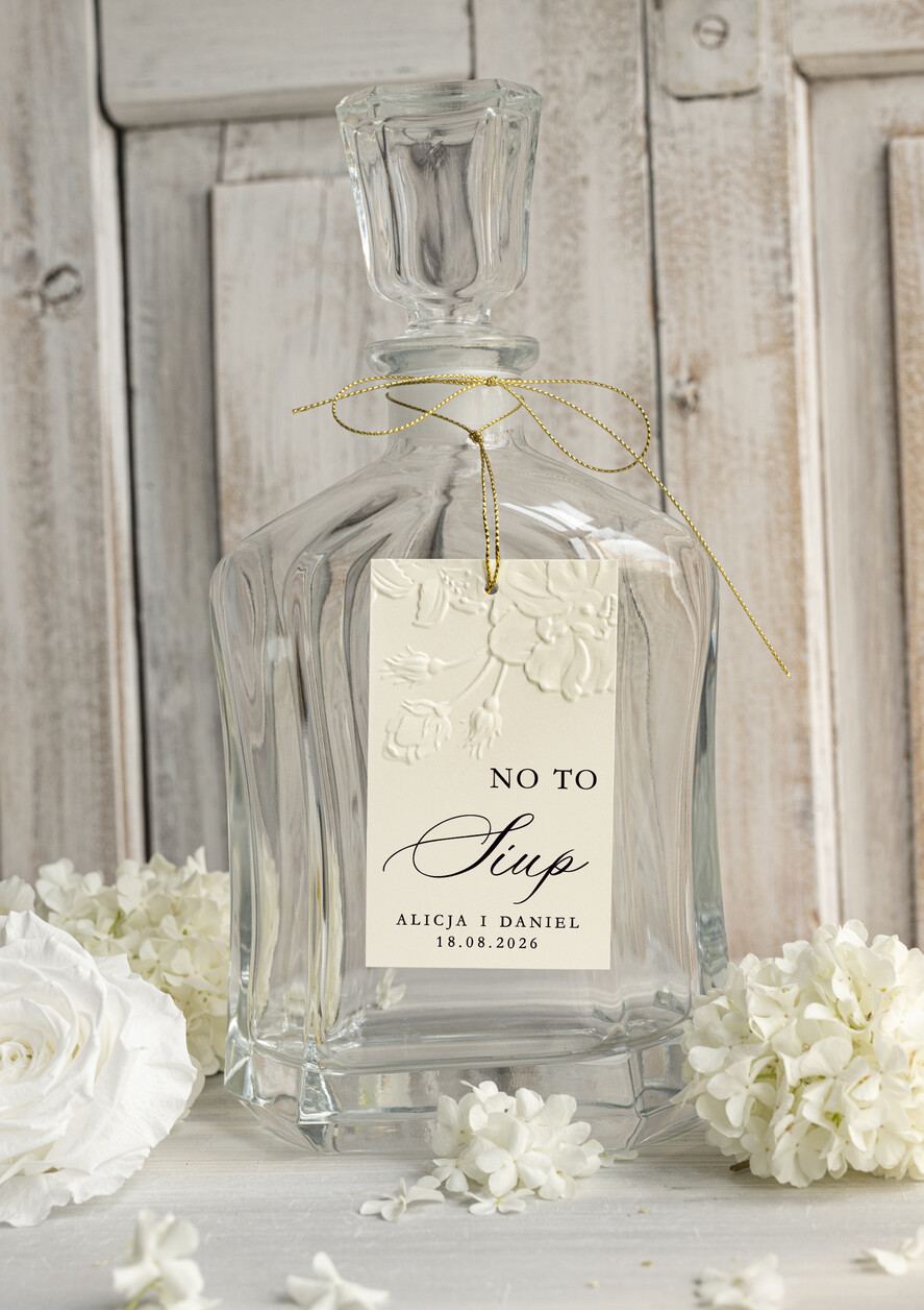 Zawieszki na butelki glamour etykieta na alkohol weselny, piękne eleganckie tłoczone zawieszki ślubne, zawieszki na wesele z tłoczonymi kwiatami, ozdobne zawieszki na alkohol na weselu0