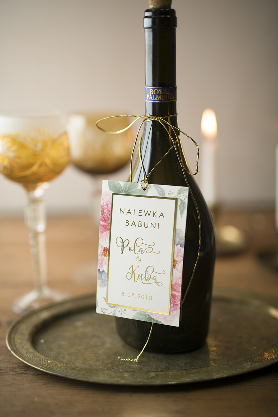 Zawieszki na butelki glamour etykiety na wódkę weselną, złote z dowolnym tekstem0