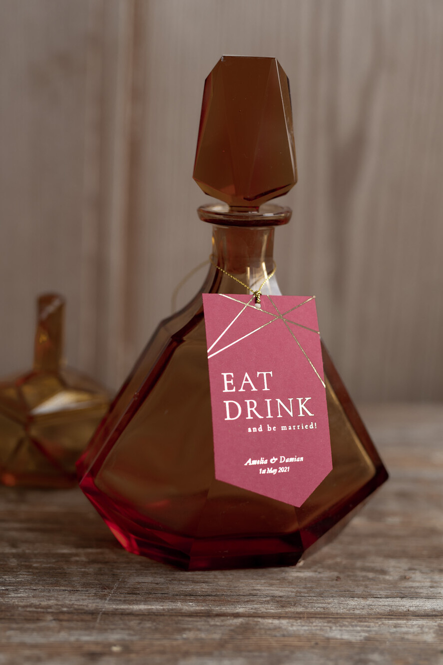 Zawieszki na butelki glamour zawieszka etykieta na alkohole weselne, złote z dowolną treścią1