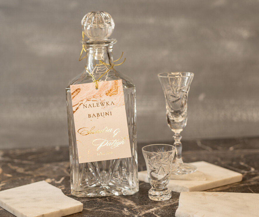 Zawieszki na butelki glamour etykieta na alkohol weselny, złote z waszą treścią0