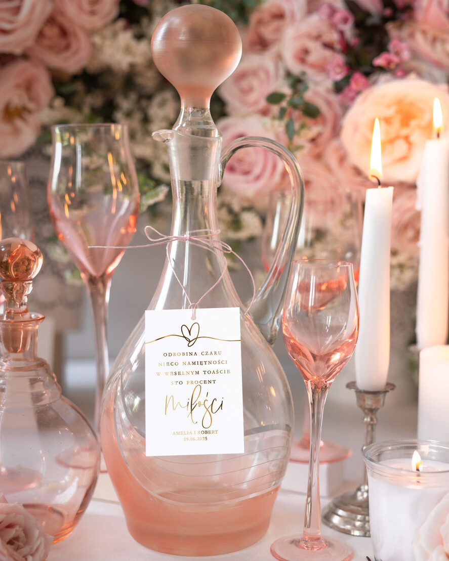 Zawieszki na butelki glamour złocona zawieszka na wino weselne, etykieta na wódkę zawieszka na alkohol weselny, złote napisy z dowolną treścią0