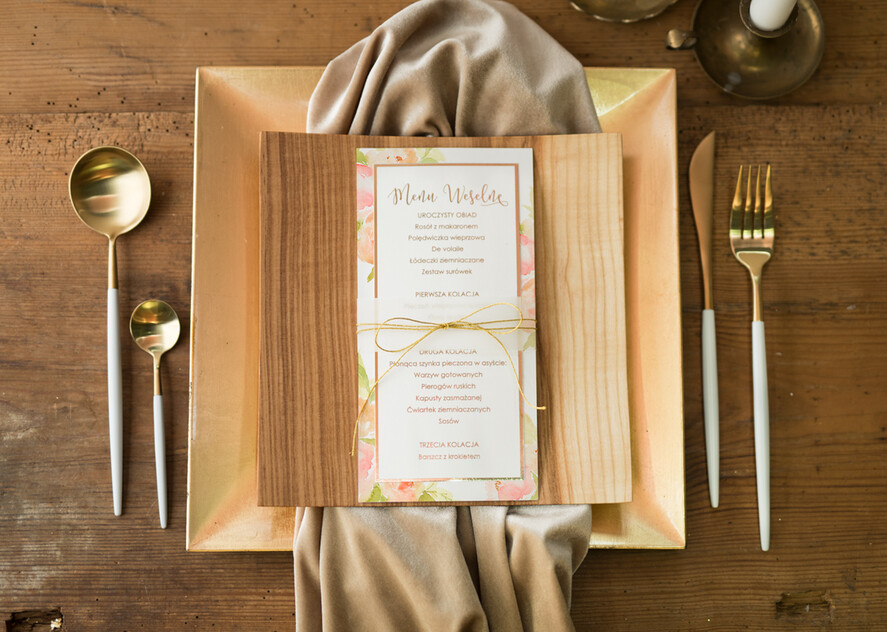 Menu glamour ślubne menu z planem podawania dań wesenych, złote lub srebrne napisy wasza treść0