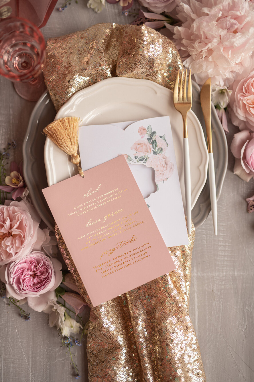 Menu glamour weselne menu karta dań weselnych, złote i eleganckie na klasyczne wesele2