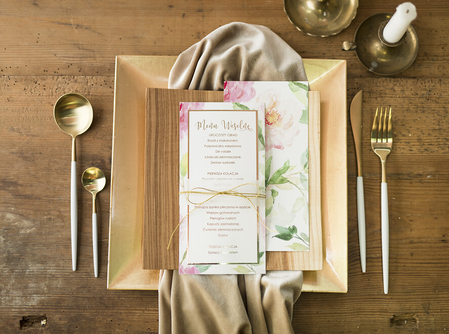 Menu glamour karta dań weselnych menu weselne plan podawania posiłków, złote lub srebrne napisy wasza treść0