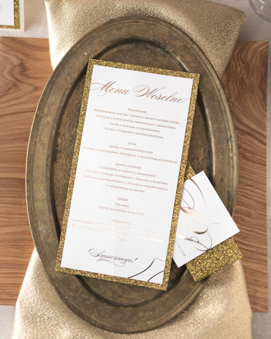 Menu glamour menu weselne na stoły plan podawania posiłków, złote lub srebrne napisy wasza treść2