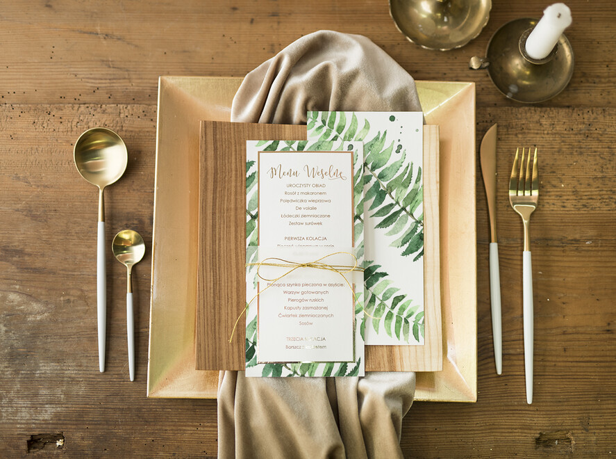 Menu glamour menu ślubne z planem posiłków, zlocone napisy dowolna treść1