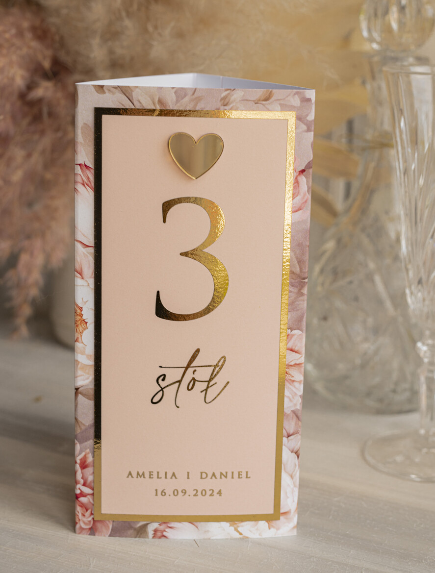 Menu glamour menu i numerek na stół weselny, karta dań weselnych, różowo złote menu weselne, menu i numerek na stół w jednym, eleganckie menu na stół weselny9