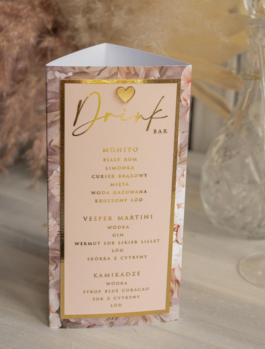 Menu glamour menu i numerek na stół weselny, karta dań weselnych, różowo złote menu weselne, menu i numerek na stół w jednym, eleganckie menu na stół weselny11
