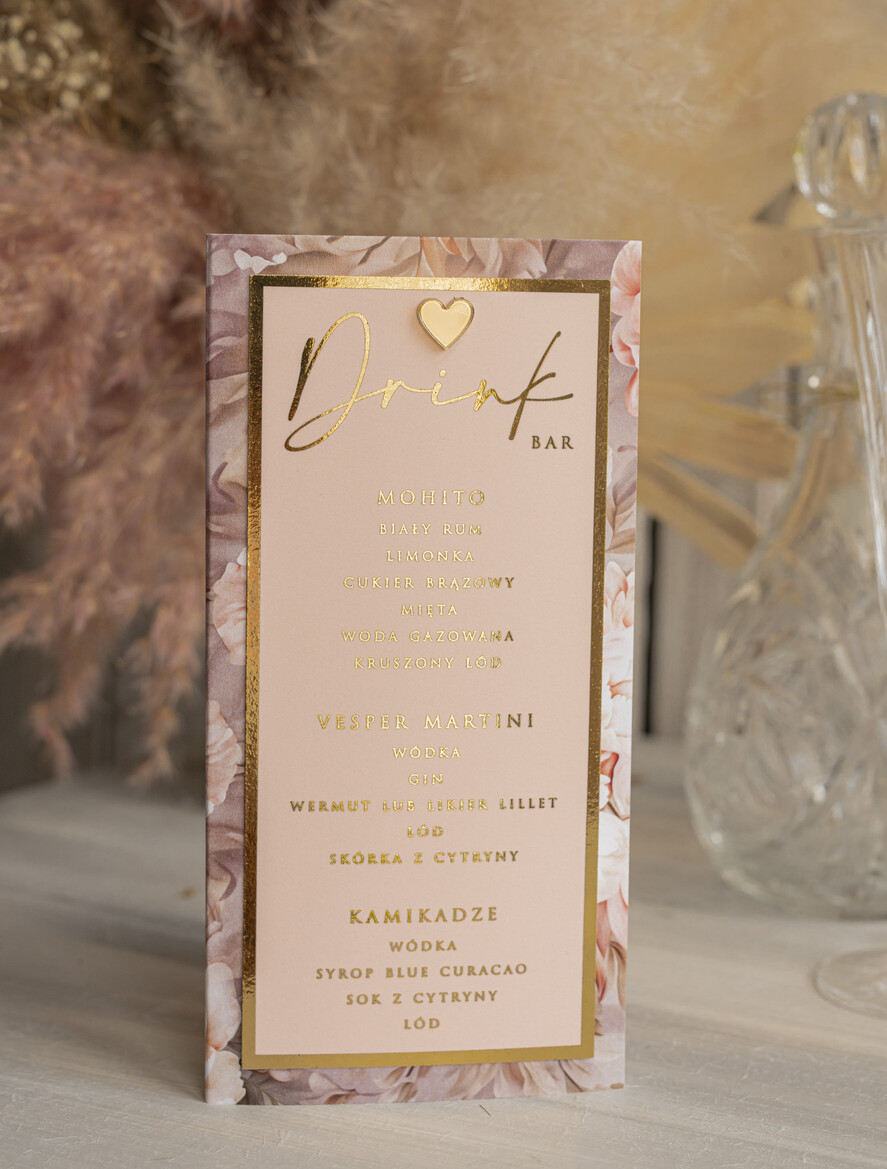 Menu glamour menu i numerek na stół weselny, karta dań weselnych, różowo złote menu weselne, menu i numerek na stół w jednym, eleganckie menu na stół weselny12