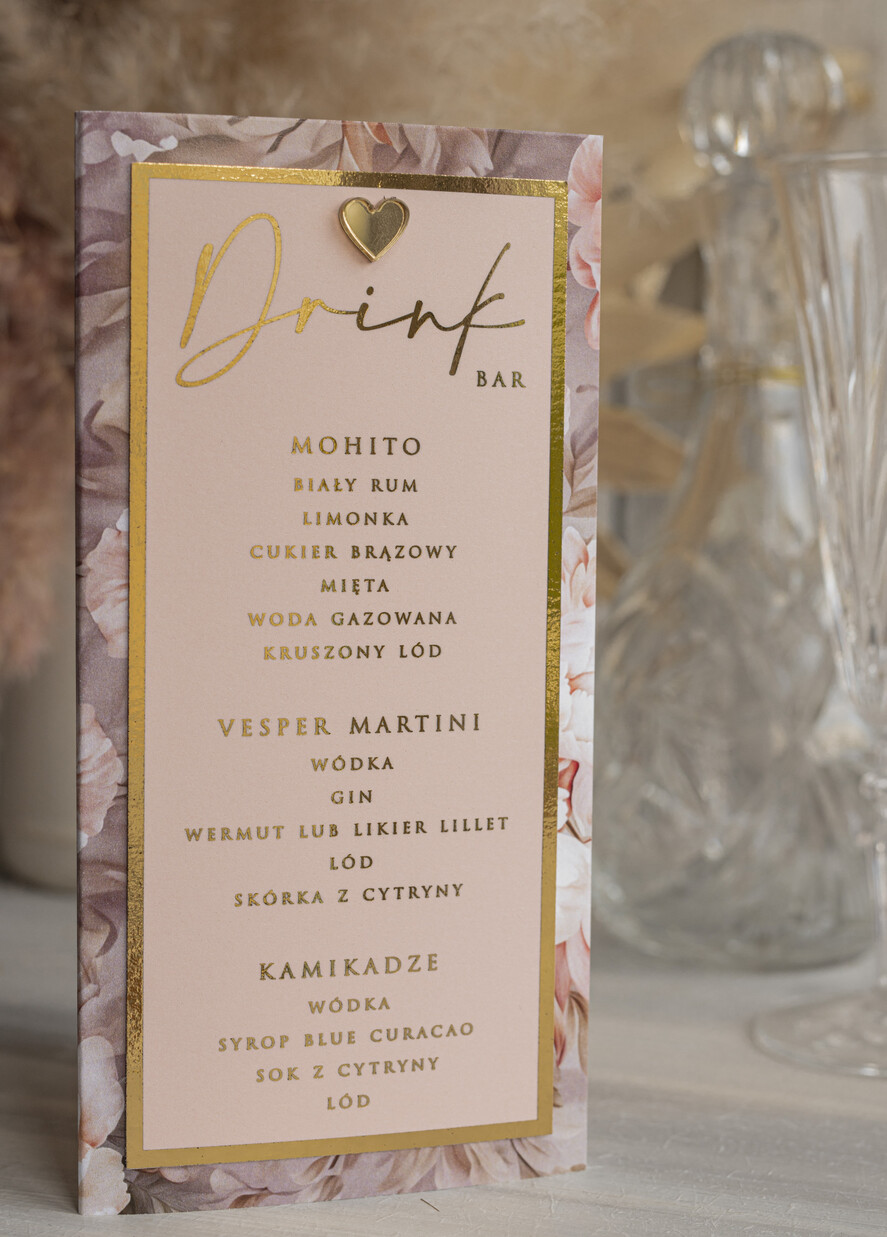 Menu glamour menu i numerek na stół weselny, karta dań weselnych, różowo złote menu weselne, menu i numerek na stół w jednym, eleganckie menu na stół weselny13