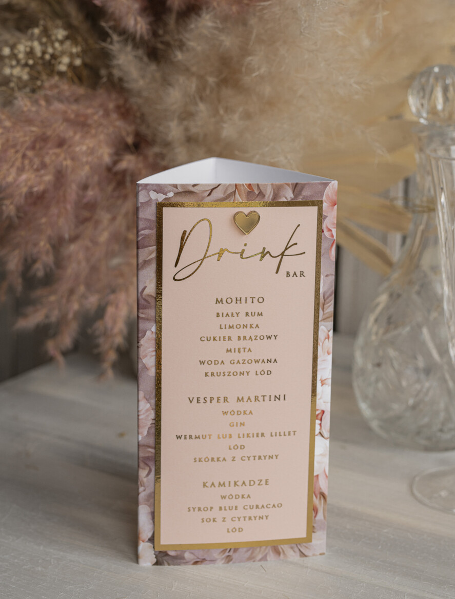 Menu glamour menu i numerek na stół weselny, karta dań weselnych, różowo złote menu weselne, menu i numerek na stół w jednym, eleganckie menu na stół weselny14