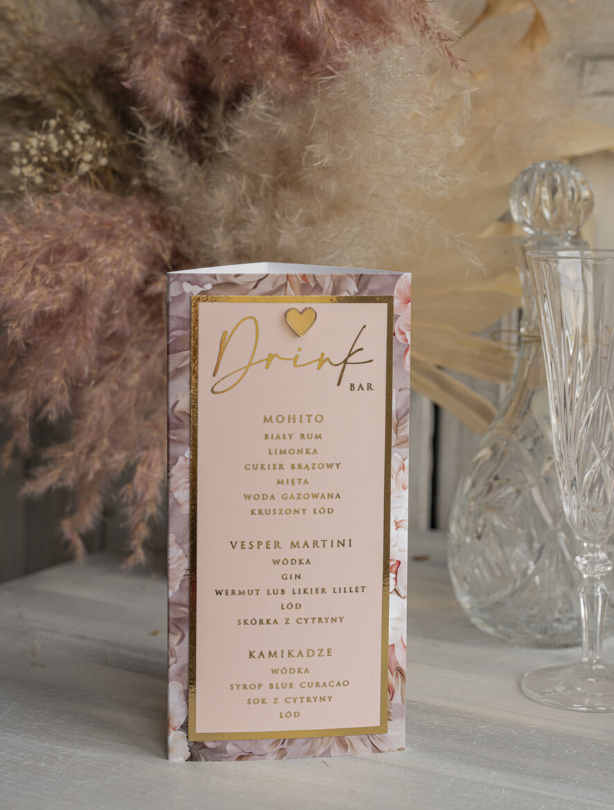 Menu glamour menu i numerek na stół weselny, karta dań weselnych, różowo złote menu weselne, menu i numerek na stół w jednym, eleganckie menu na stół weselny15