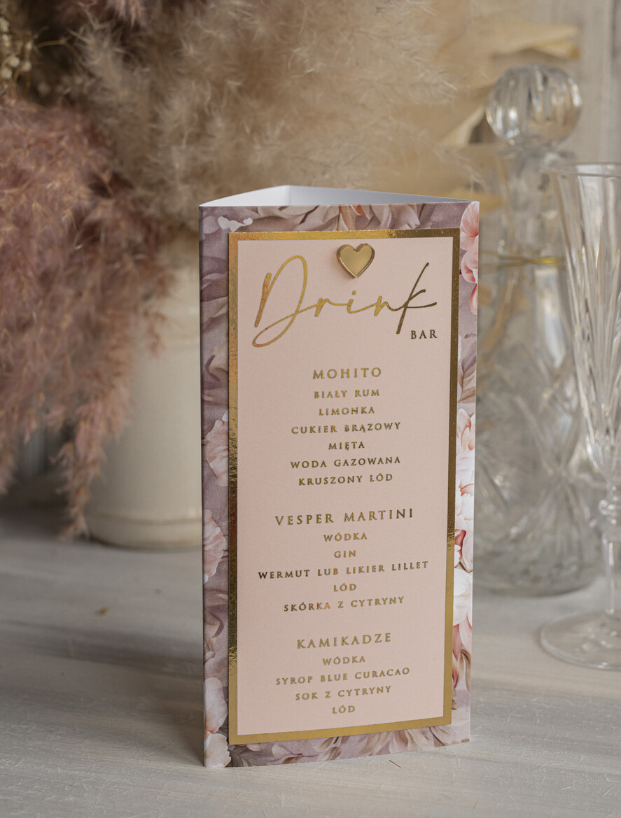 Menu glamour menu i numerek na stół weselny, karta dań weselnych, różowo złote menu weselne, menu i numerek na stół w jednym, eleganckie menu na stół weselny16